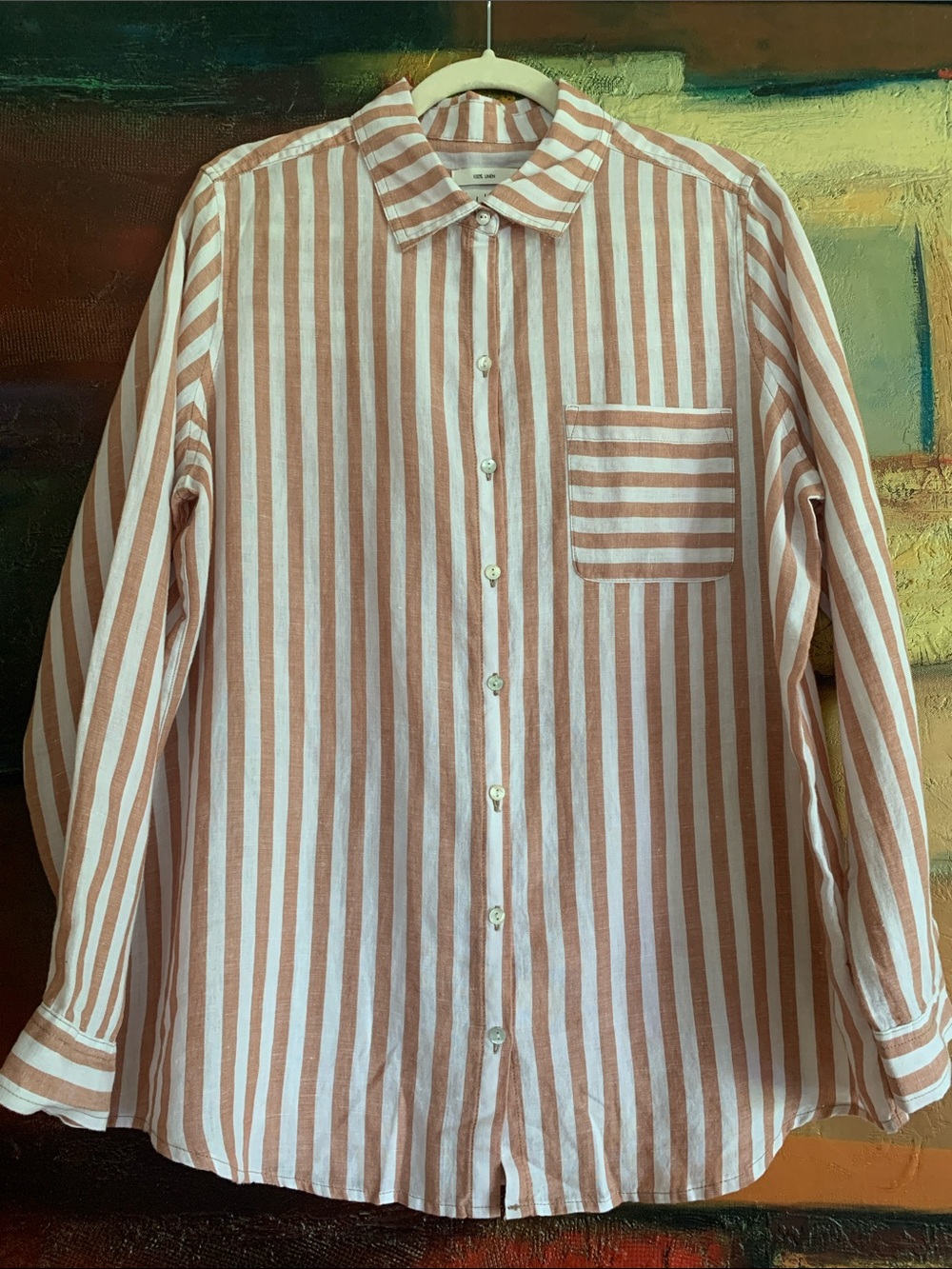Nicole Miller 100% Linen Striped Button Down Shirt, Sz L
